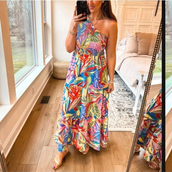 Colorful One-Shoulder Maxi Dress with Vibrant Tropical Print Size Medium - Picture 2 of 3